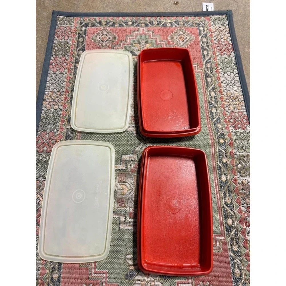 Vintage Tupperware Red Rectangular Food Storage Containers with Lids Set of 2